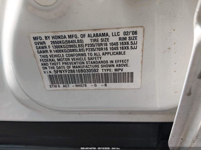 45144768 :رقم المزاد ، 5FNYF28616B030592 vin ، 2006 Honda Pilot Ex-l مزاد بيع