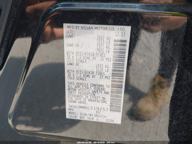 45144769 :رقم المزاد ، 5N1AL0MM8EC519257 vin ، 2014 Infiniti Qx60 مزاد بيع