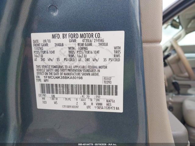 45144779 :رقم المزاد ، 1FMCU4K35BKA50198 vin ، 2011 Ford Escape Hybrid مزاد بيع