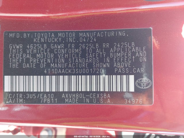 Aukcja sprzedaży 2025 Toyota Camry Se, vin: 4T1DAACK3SU001720, numer aukcji: 45144784