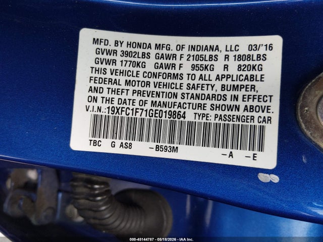 Продаж на аукціоні авто 2016 Honda Civic Ex-l, vin: 19XFC1F71GE019864, номер лоту: 45144787