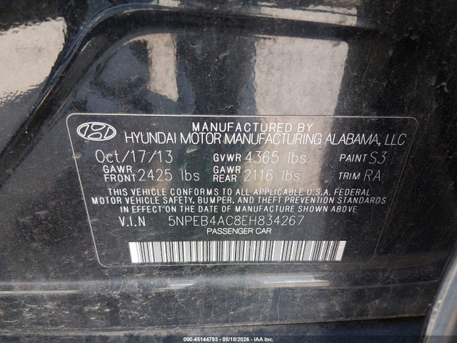 45144793 :رقم المزاد ، 5NPEB4AC8EH834267 vin ، 2014 Hyundai Sonata Gls مزاد بيع
