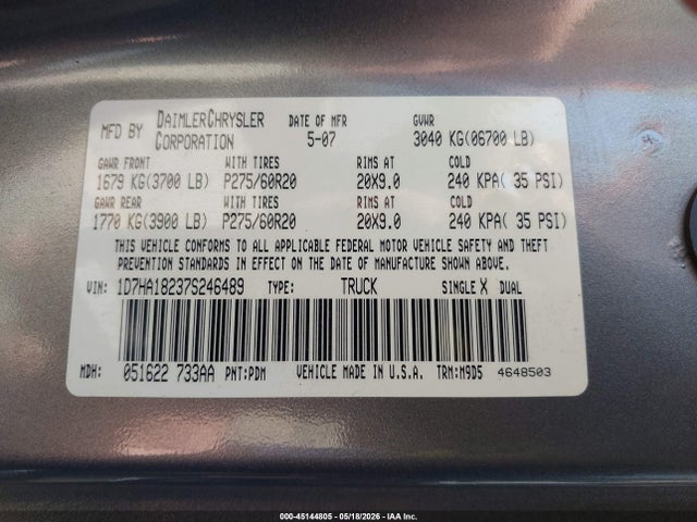 Продажа на аукционе авто 2007 Dodge Ram 1500 Slt, vin: 1D7HA18237S246489, номер лота: 45144805