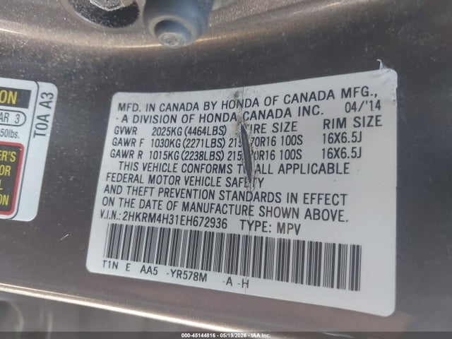 45144816 :رقم المزاد ، 2HKRM4H31EH672936 vin ، 2014 Honda Cr-v Lx مزاد بيع