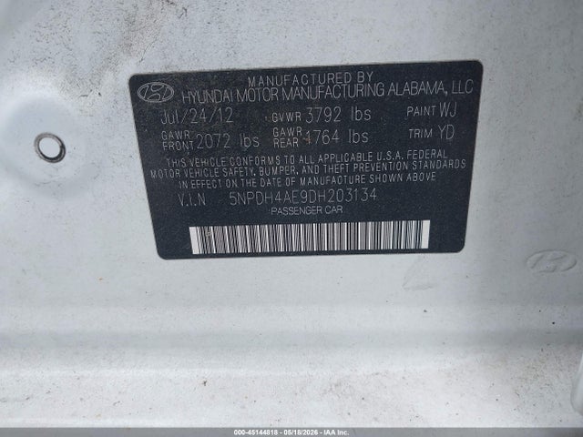 2013 Hyundai Elantra Gls მანქანა იყიდება აუქციონზე, vin: 5NPDH4AE9DH203134, აუქციონის ნომერი: 45144818