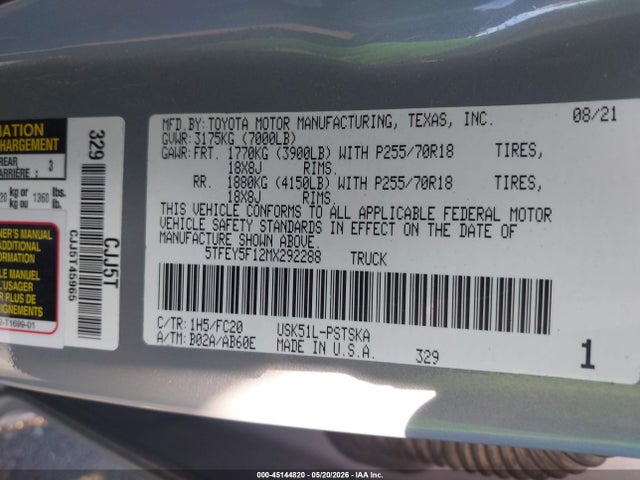 45144820 :رقم المزاد ، 5TFEY5F12MX292288 vin ، 2021 Toyota Tundra Sr5 مزاد بيع