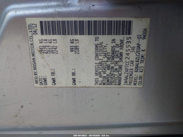 2012 Nissan Altima 2.5 S მანქანა იყიდება აუქციონზე, vin: 1N4AL2AP7CC245535, აუქციონის ნომერი: 45144821