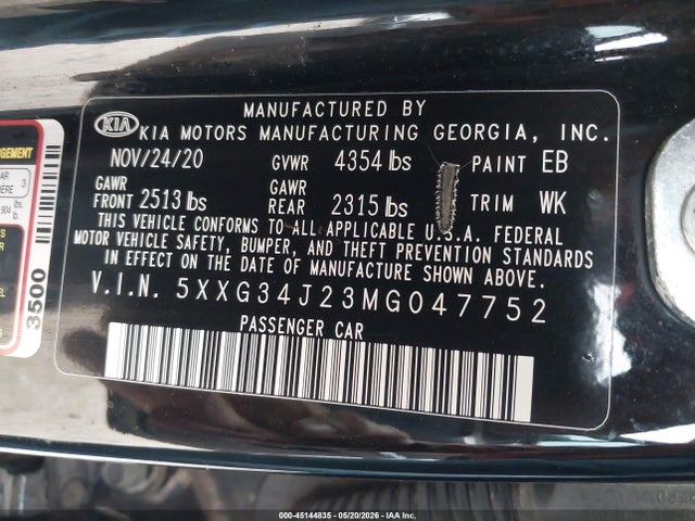 45144835 :رقم المزاد ، 5XXG34J23MG047752 vin ، 2021 Kia K5 Ex مزاد بيع