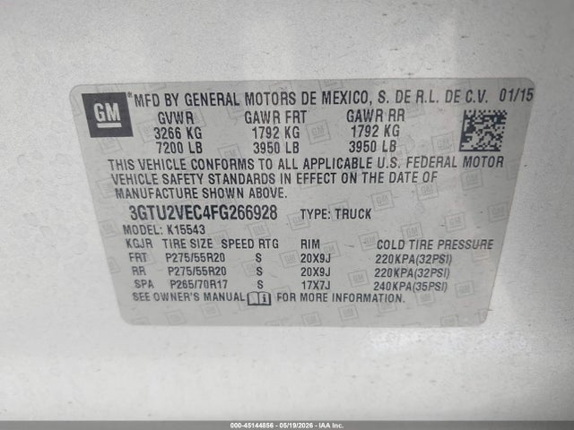 45144856 :رقم المزاد ، 3GTU2VEC4FG266928 vin ، 2015 Gmc Sierra 1500 Slt مزاد بيع