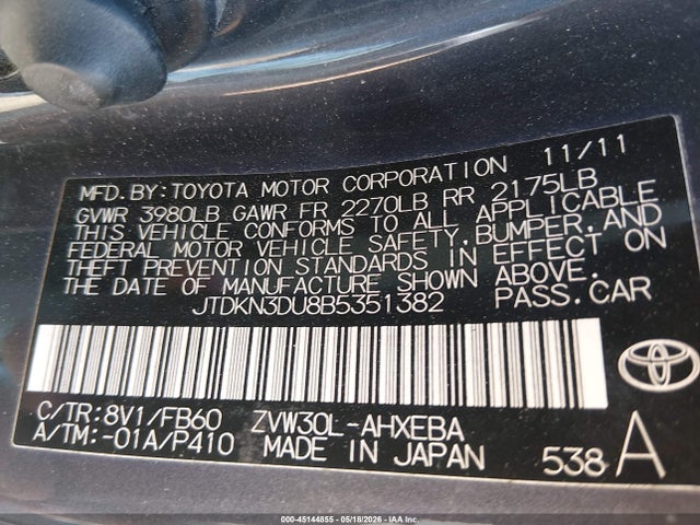 Продаж на аукціоні авто 2011 Toyota Prius Two, vin: JTDKN3DU8B5351382, номер лоту: 45144855
