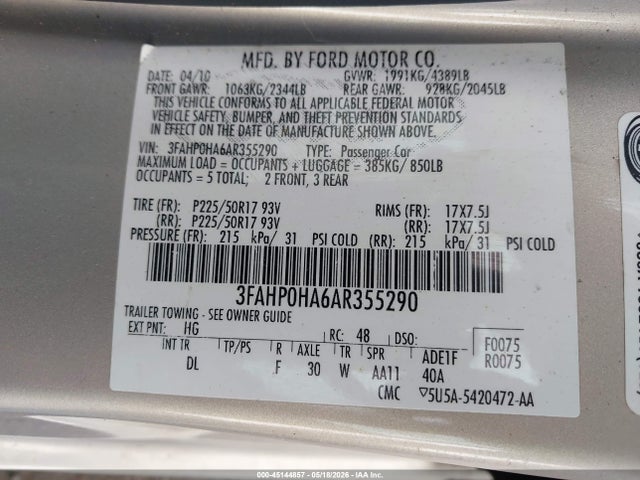 45144857 :رقم المزاد ، 3FAHP0HA6AR355290 vin ، 2010 Ford Fusion Se مزاد بيع