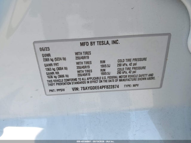 45144861 :رقم المزاد ، 7SAYGDEE4PF822874 vin ، 2023 Tesla Model Y Awd/long Range Dual Motor All-wheel Drive مزاد بيع
