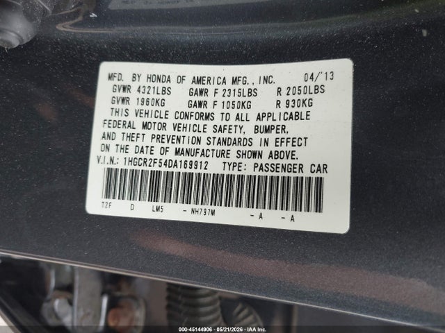45144906 :رقم المزاد ، 1HGCR2F54DA169912 vin ، 2013 Honda Accord Sport مزاد بيع