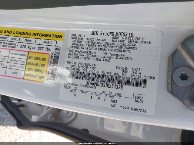 Продажа на аукционе авто 2018 Ford Fusion Hybrid S, vin: 3FA6P0UU5JR254328, номер лота: 45144964