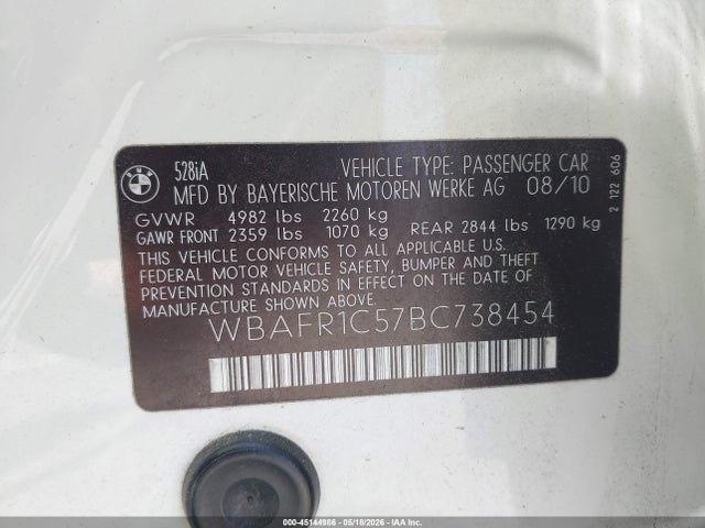 2011 Bmw 528i მანქანა იყიდება აუქციონზე, vin: WBAFR1C57BC738454, აუქციონის ნომერი: 45144986