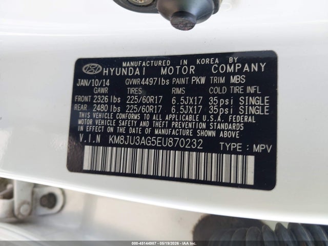 45144987 :رقم المزاد ، KM8JU3AG5EU870232 vin ، 2014 Hyundai Tucson Se مزاد بيع