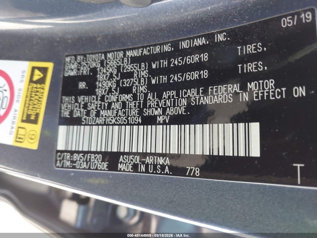 Aukcja sprzedaży 2019 Toyota Highlander Le, vin: 5TDZARFH5KS051094, numer aukcji: 45144989