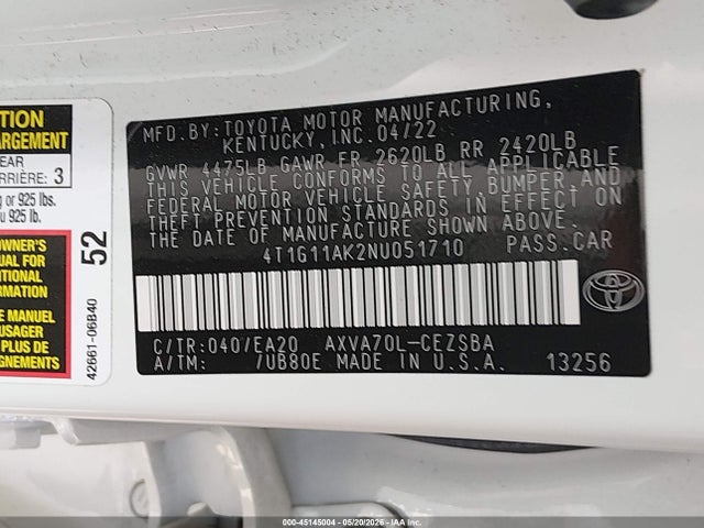 45145004 :رقم المزاد ، 4T1G11AK2NU051710 vin ، 2022 Toyota Camry Se مزاد بيع