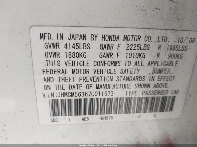 Aukcja sprzedaży 2007 Honda Accord 2.4 Se, vin: JHMCM56367C011673, numer aukcji: 45145009