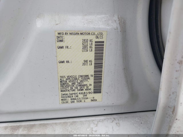 2015 Nissan Altima 2.5 S მანქანა იყიდება აუქციონზე, vin: 1N4AL3AP4FC468190, აუქციონის ნომერი: 45145010