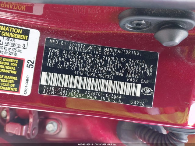 4T1B11HK0JU506354 Toyota CAMRY XLE