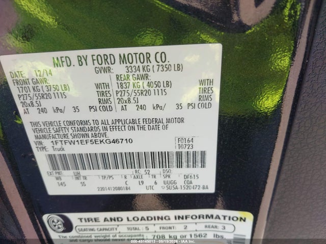 Aukcja sprzedaży 2014 Ford F-150 Stx, vin: 1FTFW1EF5EKG46710, numer aukcji: 45145013
