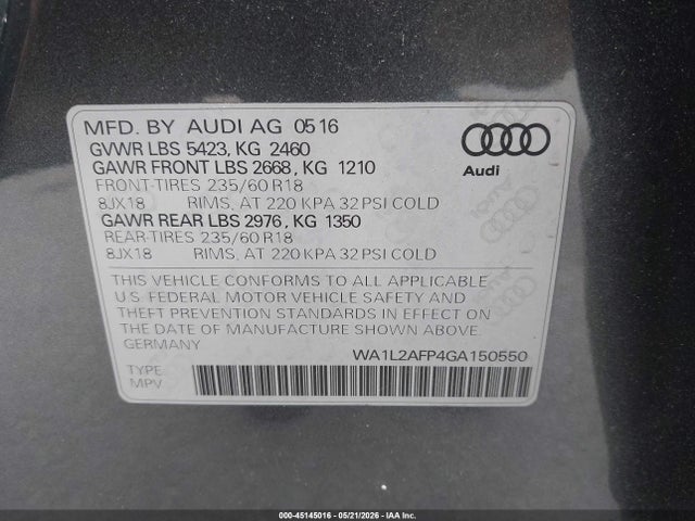 Продажа на аукционе авто 2016 Audi Q5 2.0t Premium, vin: WA1L2AFP4GA150550, номер лота: 45145016