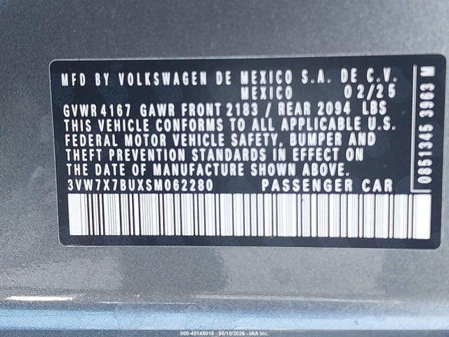 Aukcja sprzedaży 2025 Volkswagen Jetta 1.5t Se, vin: 3VW7X7BUXSM062280, numer aukcji: 45145018