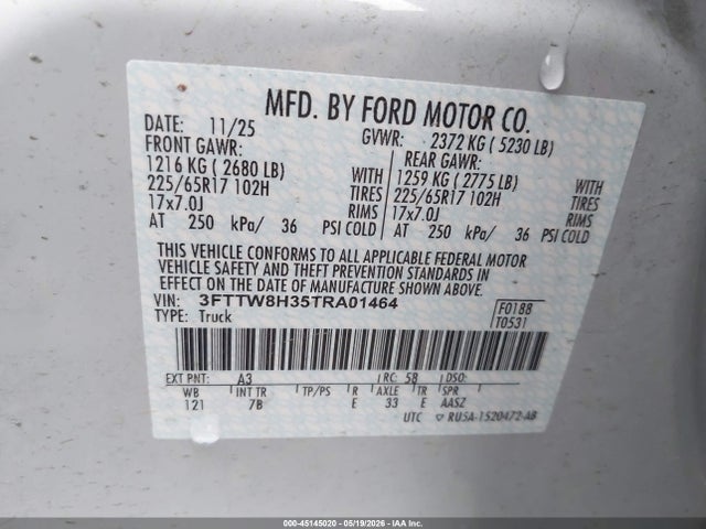 Продаж на аукціоні авто 2026 Ford Maverick Xlt, vin: 3FTTW8H35TRA01464, номер лоту: 45145020