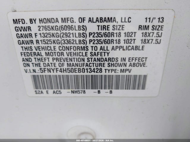 Aukcja sprzedaży 2014 Honda Pilot Ex-l, vin: 5FNYF4H50EB013428, numer aukcji: 45145031