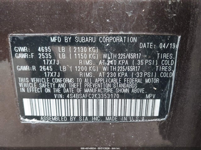 Subaru Outback 2.5i Premium 2019 4S4BSAFC2K3353170 Image 9