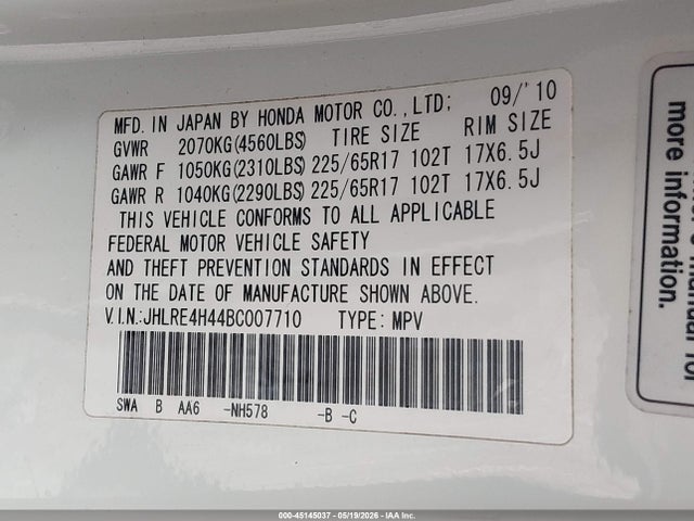 2011 Honda Cr-v Se მანქანა იყიდება აუქციონზე, vin: JHLRE4H44BC007710, აუქციონის ნომერი: 45145037