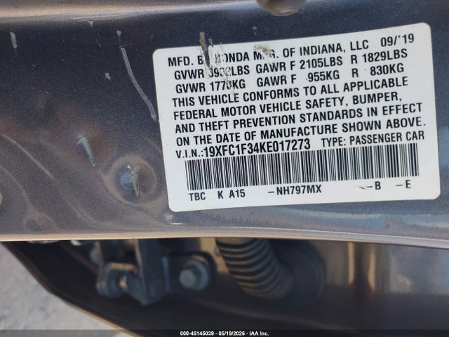 2019 Honda Civic Ex მანქანა იყიდება აუქციონზე, vin: 19XFC1F34KE017273, აუქციონის ნომერი: 45145039