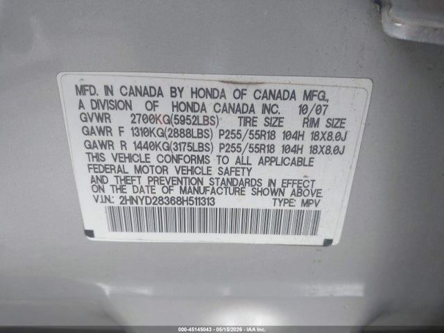 Продаж на аукціоні авто 2008 Acura Mdx Technology Package, vin: 2HNYD28368H511313, номер лоту: 45145043