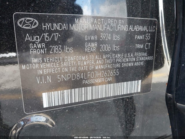 Продаж на аукціоні авто 2018 Hyundai Elantra Sel, vin: 5NPD84LF0JH262655, номер лоту: 45145046