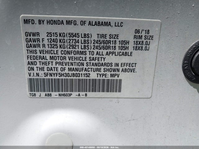 5FNYF5H30JB031152 Honda Pilot Ex