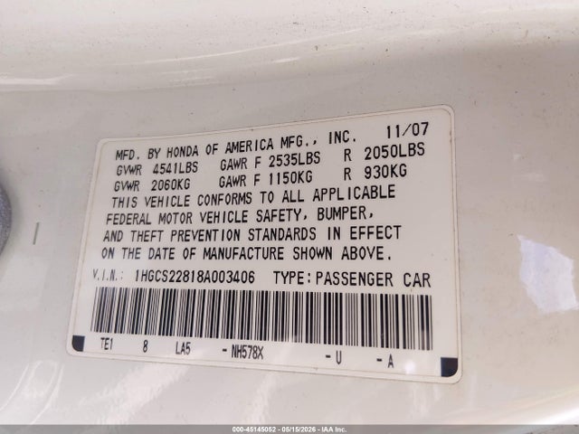 Продажа на аукционе авто 2008 Honda Accord 3.5 Ex-l, vin: 1HGCS22818A003406, номер лота: 45145052