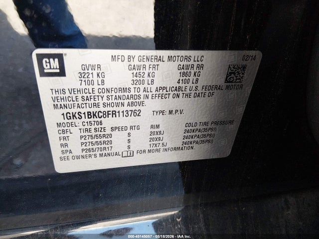 Aukcja sprzedaży 2015 Gmc Yukon Slt, vin: 1GKS1BKC8FR113762, numer aukcji: 45145057