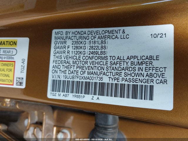 2021 Acura Tlx Type S მანქანა იყიდება აუქციონზე, vin: 19UUB7F0XMA001735, აუქციონის ნომერი: 45145058