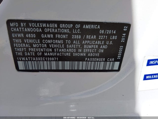 1VWAT7A3XEC120971 Volkswagen Passat 1.8t Wolfsburg Edition
