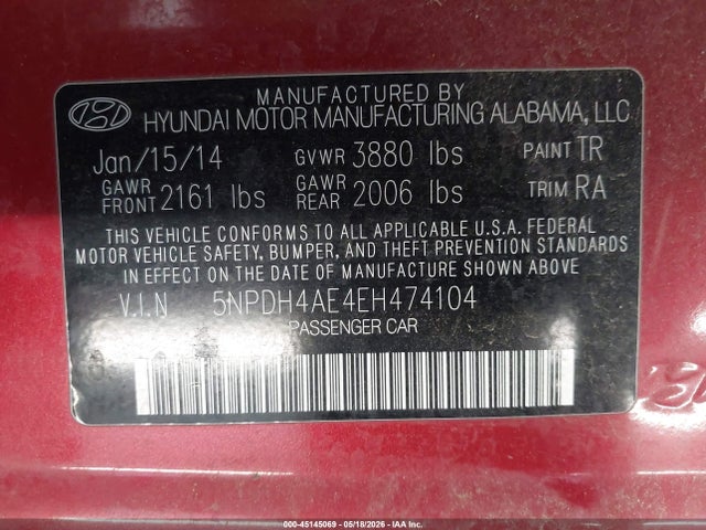 Продажа на аукционе авто 2014 Hyundai Elantra Limited, vin: 5NPDH4AE4EH474104, номер лота: 45145069