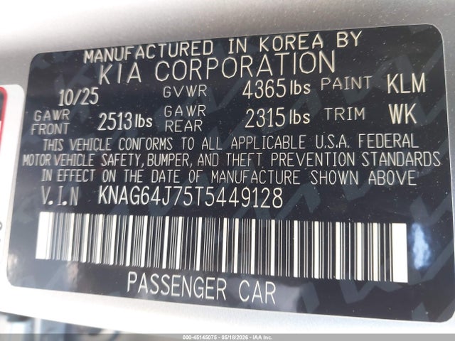 2026 Kia K5 Gt-line Fwd მანქანა იყიდება აუქციონზე, vin: KNAG64J75T5449128, აუქციონის ნომერი: 45145075