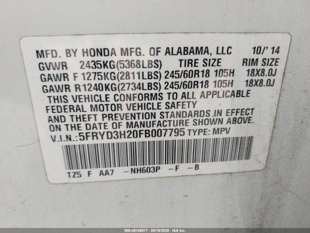 45145077 :رقم المزاد ، 5FRYD3H20FB007795 vin ، 2015 Acura Mdx مزاد بيع