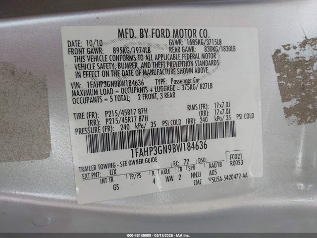 Продажа на аукционе авто 2011 Ford Focus Ses, vin: 1FAHP3GN9BW184636, номер лота: 45145089