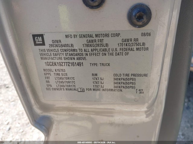 45145093 :رقم المزاد ، 1GCEK19Z77Z161491 vin ، 2007 Chevrolet Silverado 1500 Classic Work Truck مزاد بيع
