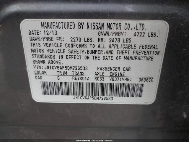 45145098 :رقم المزاد ، JN1CV6AP5DM726533 vin ، 2013 Infiniti G37 Journey مزاد بيع