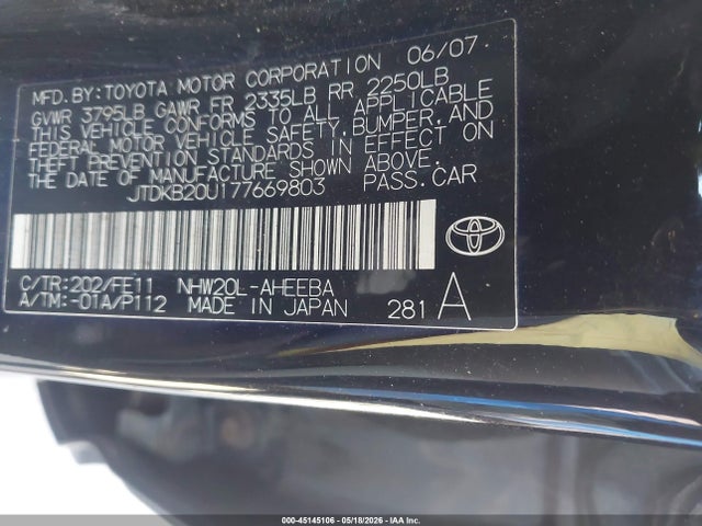 2007 Toyota Prius მანქანა იყიდება აუქციონზე, vin: JTDKB20U177669803, აუქციონის ნომერი: 45145106