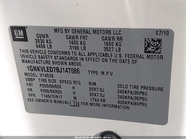 Продажа на аукционе авто 2011 Chevrolet Traverse Ltz, vin: 1GNKVLED7BJ147086, номер лота: 45145109