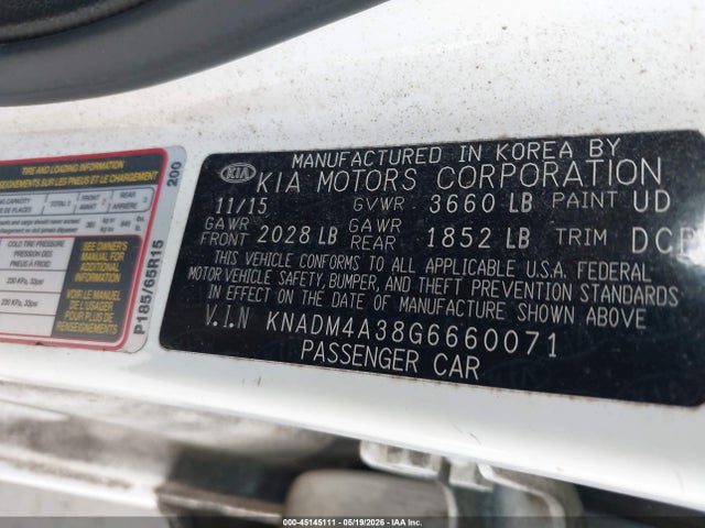 2016 Kia Rio Lx მანქანა იყიდება აუქციონზე, vin: KNADM4A38G6660071, აუქციონის ნომერი: 45145111