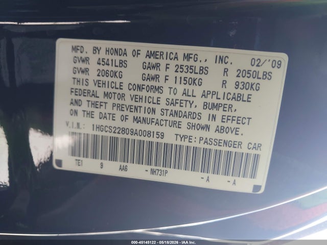 Продажа на аукционе авто 2009 Honda Accord 3.5 Ex-l, vin: 1HGCS22809A008159, номер лота: 45145122